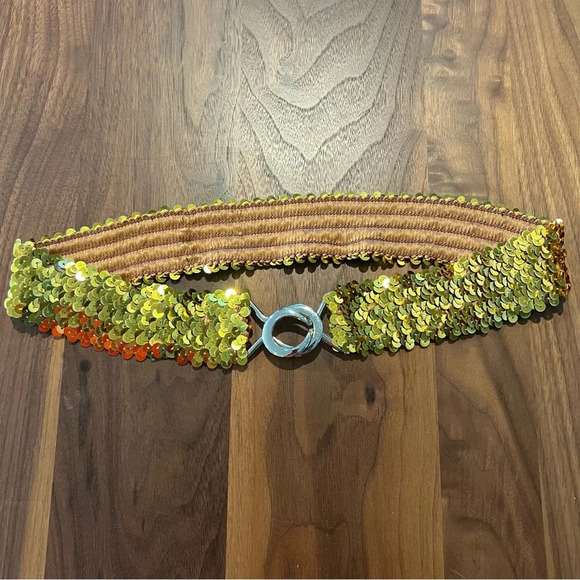 Accessories - Sequin Shiny Gold Elastic Stretch Festive Party Belt Metal Clasp